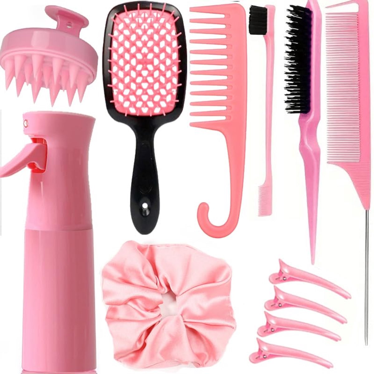 casalora—12-delige haarborstelset – met spuitfles – voor nat & droog haar – krullend & steil haar – hoofdhuidmassage borstel – edge brush – wijdgetande kam – rattail kam – （roze） – geschikt voor kinderen & volwassenen