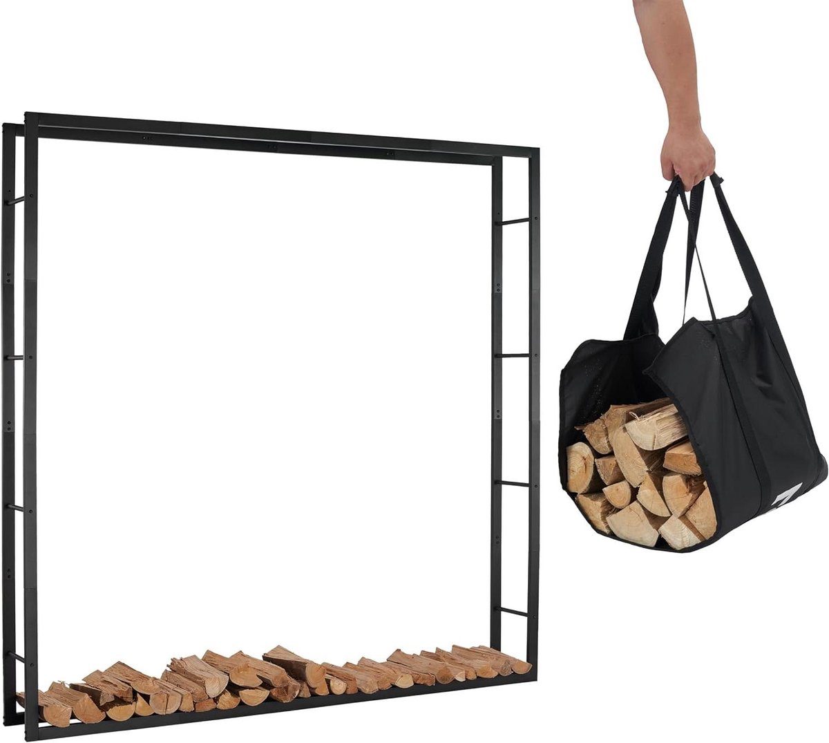 Houtopslag Rek - Houtmand - Haardhout Opslaan - Inclusief Draagtas - 196x25x196cm - Zwart
