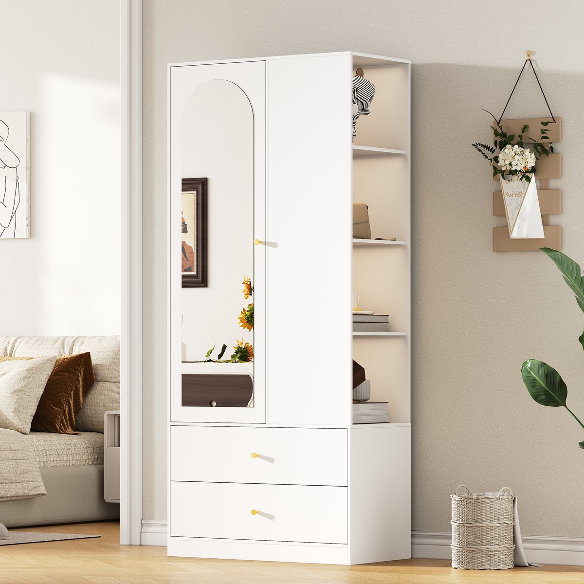 VVBV Kledingkast 80x40x180 cm - Kledingroede, Met Spiegel, Opbergruimte, Soft-Close - Wit, MDF