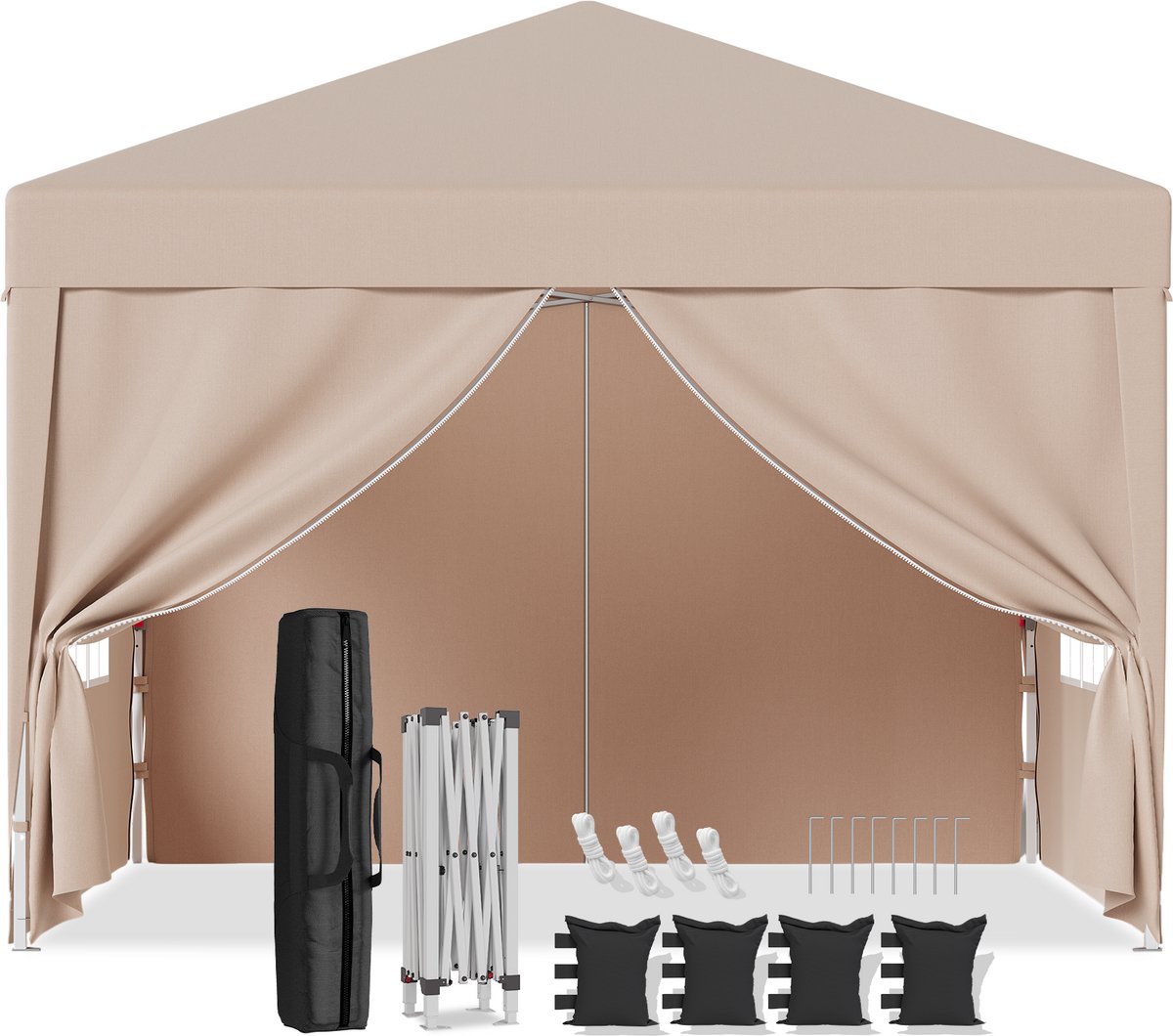 Partytent-Opvouwbaar Tuinpaviljoen 3x3 m met Zijwanden–30 seconden pop-up opzet-Waterdicht & UV-bestendig–opbergtas–Beige