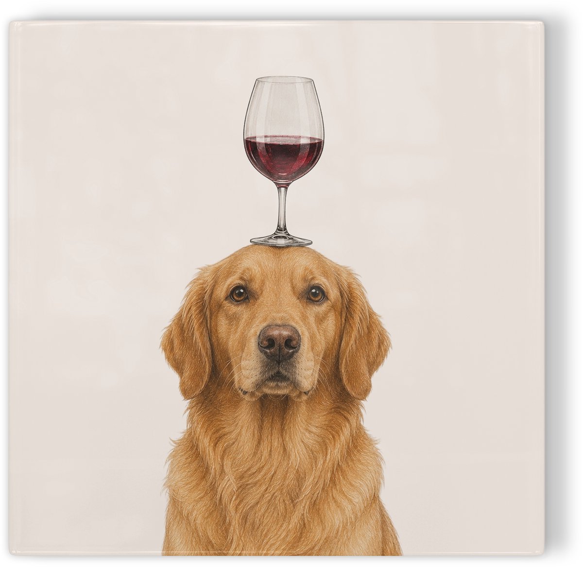 Tegeltje Golden Retriever met wijnglas - beige - tegeltje hond - tegeltje met illustratie