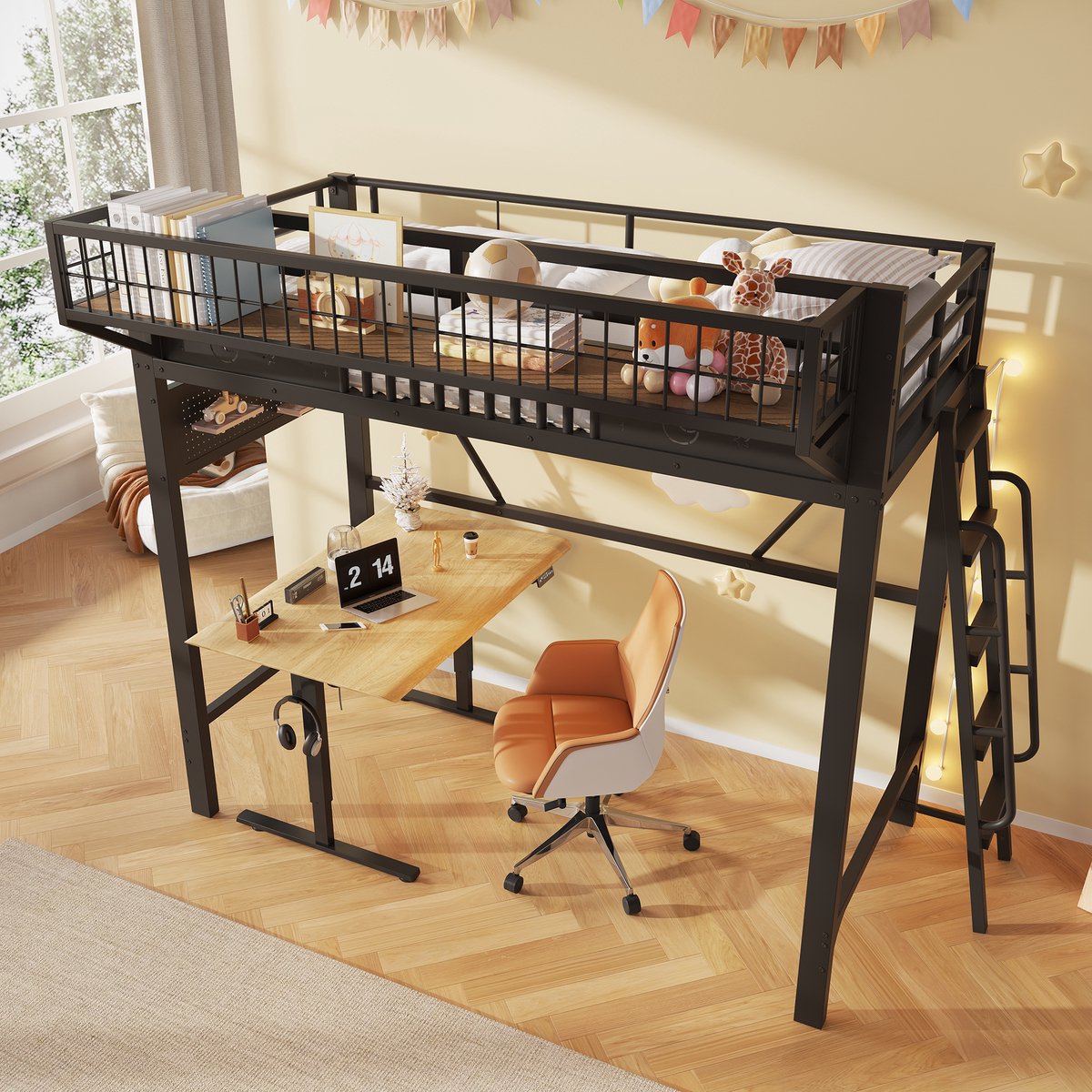Hoogslaper 90 x 200 cm - met opbergruimte - reling met opengewerkt patroon - open onderkant - zonder matras - zwart