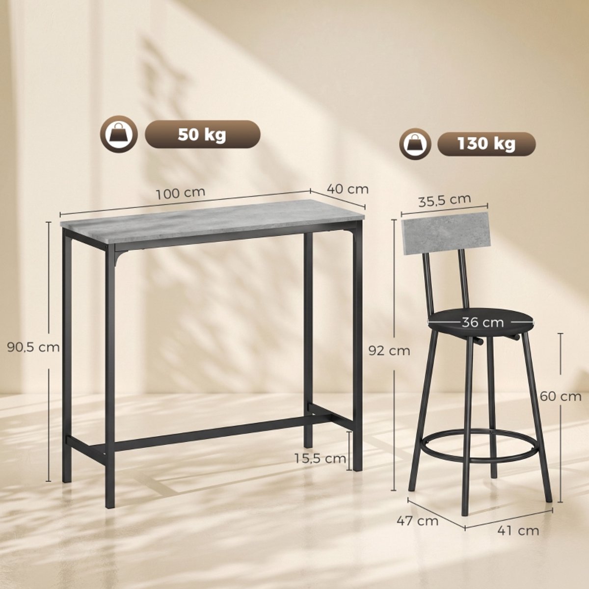 COVREO Bartafel set 100x40x90,5 cm grijs hout-metaal, 2 barkrukken