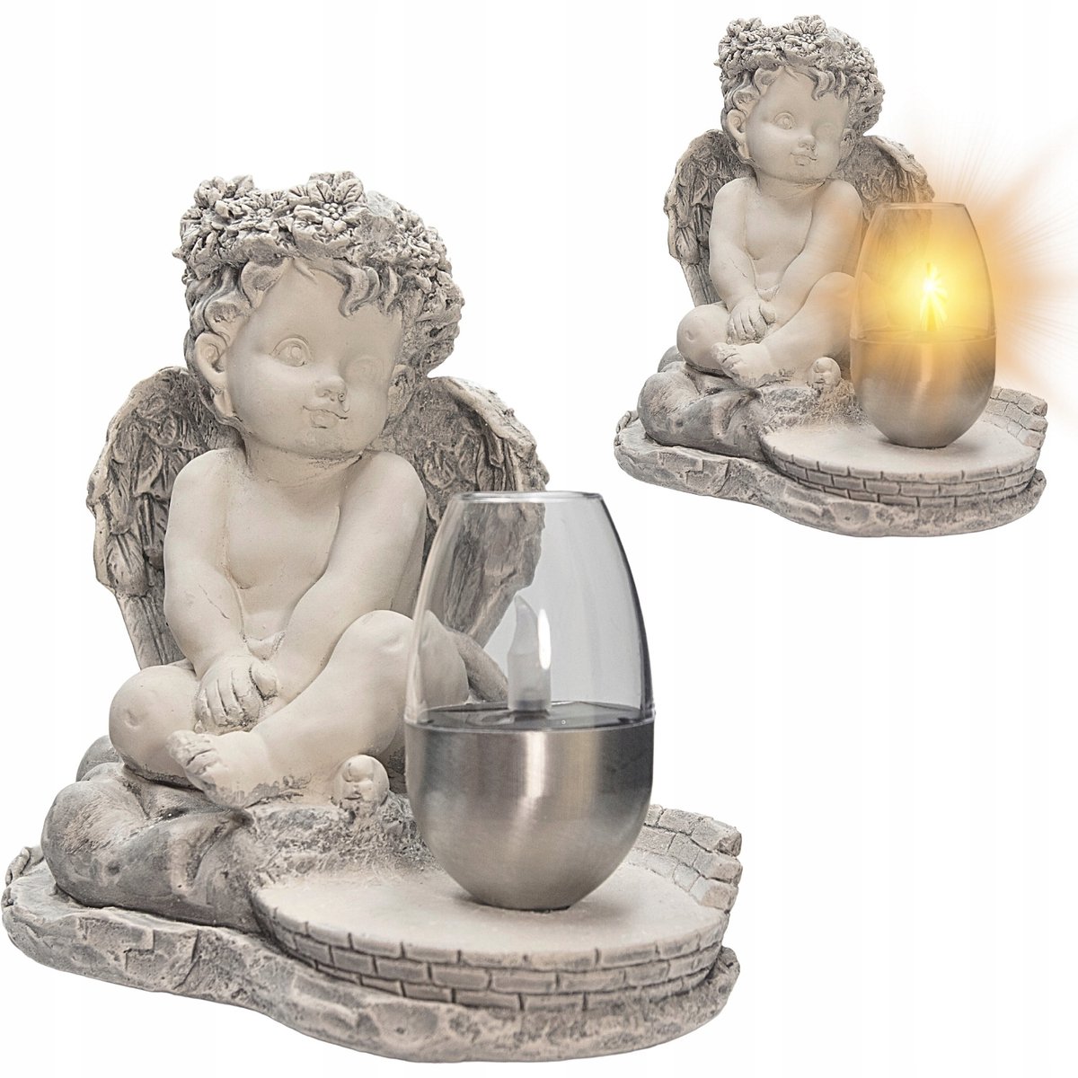 Gipsen Engel Grafdecoratie met Zonne-LED Lamp 21cm