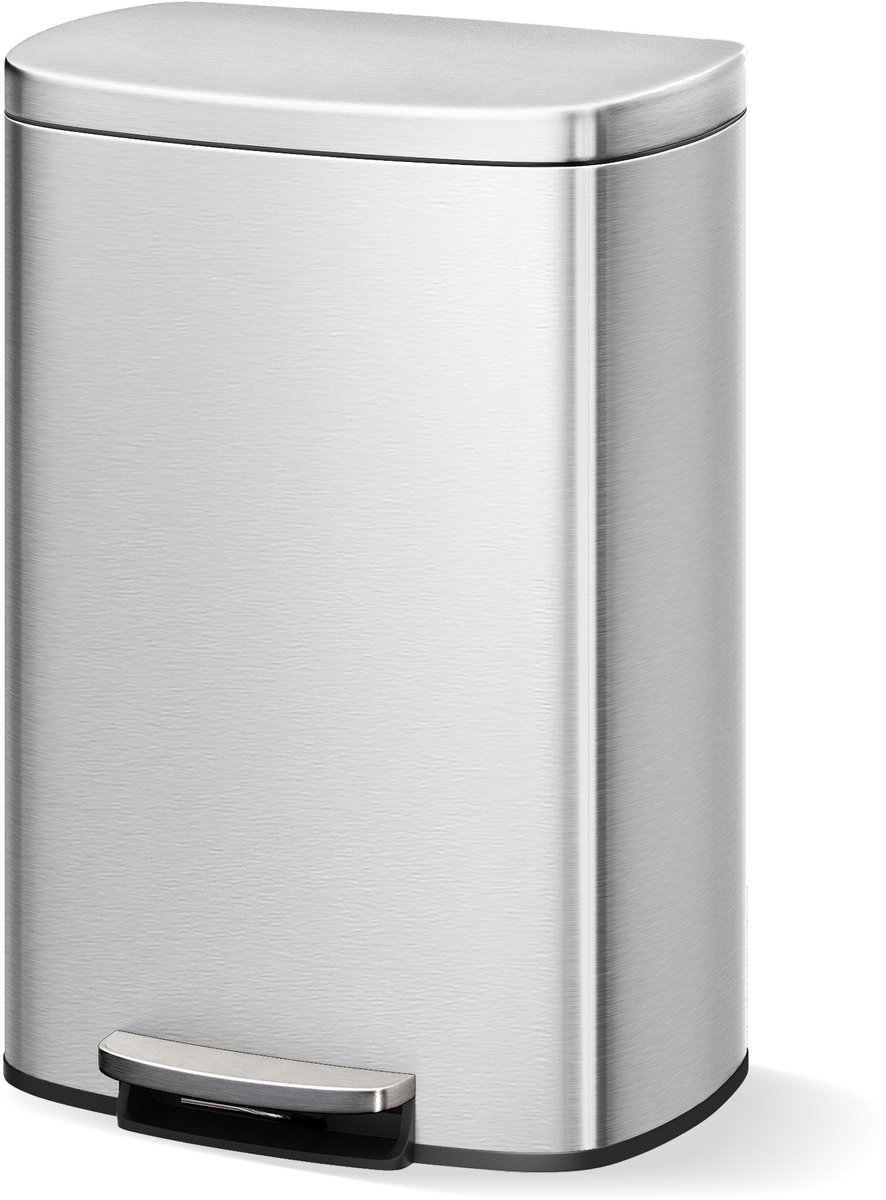Prullenbak RVS 50L - 42.5x37x66cm - Keuken Prullenbak - Geurcontrole - Uitneembare Binnenemmer - Achterhandvat - Voor Badkamer En Keuken - Zilver