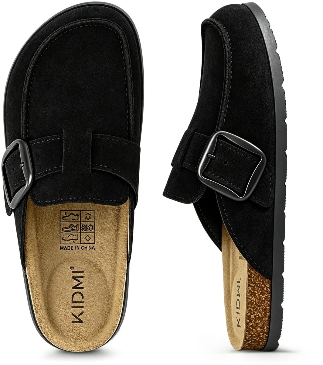 Unisex clogs – Koe suède – Comfort slippers – Met Voetboogsteun-Houten clogs – Zwart - 38- Geschikt voor een voetlengte van 24,1 cm