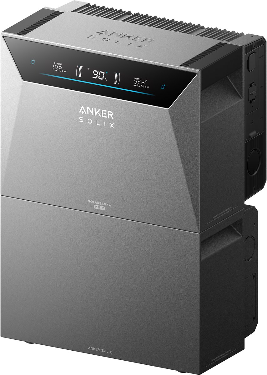 Anker SOLIX Solarbank 4 Pro (5kWh) + uitbreidingsbatterij BP5000 (5kWh), 4 MPPT's, 5000W zonne-input, tot 30kWh capaciteit, 2500W bidirectioneel laden, 10.000 cycli, Anker Intelligence, Plug & Play