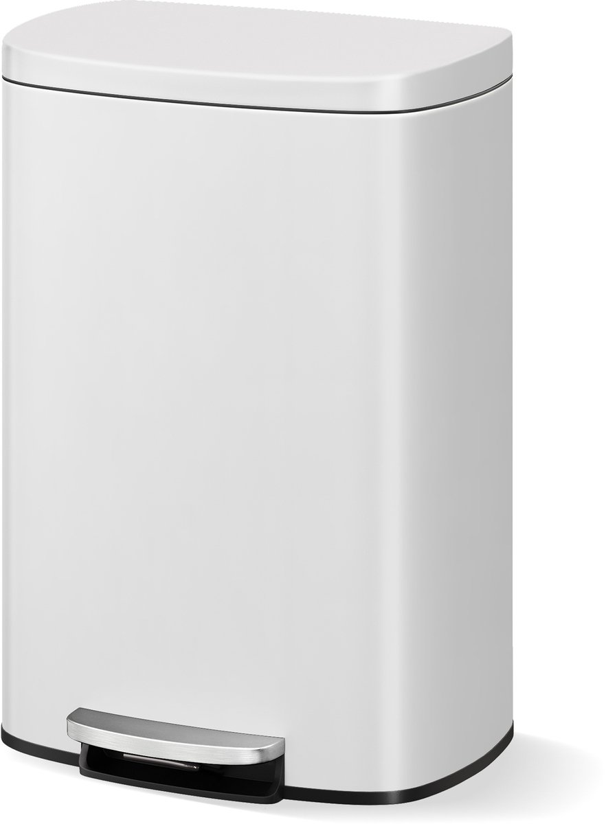 Prullenbak RVS 50L - 42.5x37x66cm - Keuken Prullenbak - Geurcontrole - Uitneembare Binnenemmer - Achterhandvat - Voor Badkamer En Keuken - Wit
