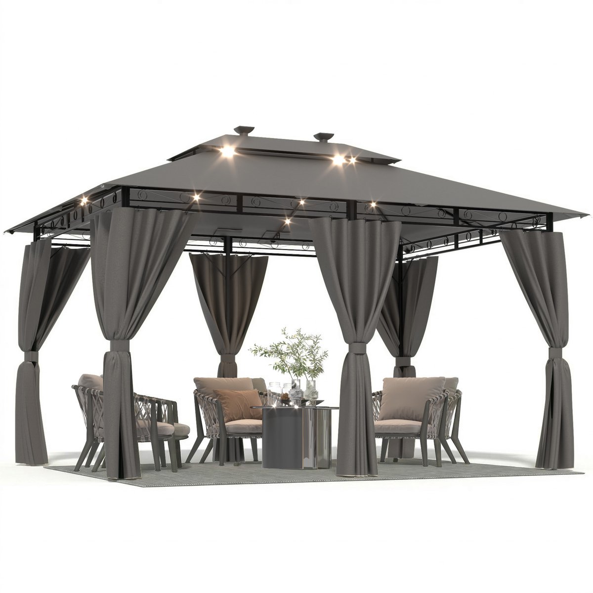 Devoko Tuinpaviljoen 3x4 m - LED-verlichting op zonne-energie - Instelbare helderheid-timerfunctie - waterdicht en UV-bestendig - ademend dubbel dak - met 6 zijwanden - Grijs