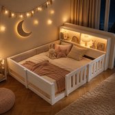 Lit pour enfants 140x200 cm - Lit double - Lit de sol - Lit multifonctionnel - Avec barrière de sécurité - Avec bande lumineuse LED - Tête de lit avec rangement - Avec dossier rembourré - Blanc