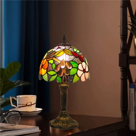 Tafellamp in Tiffany-stijl met glas-in-lood, druivenpatroon, vintage decoratieve verlichting, geschikt voor slaap-/woonkamer, handgemaakte lampenkap van glas-in-lood, kunstzinnige tafellamp. — afbeelding 3