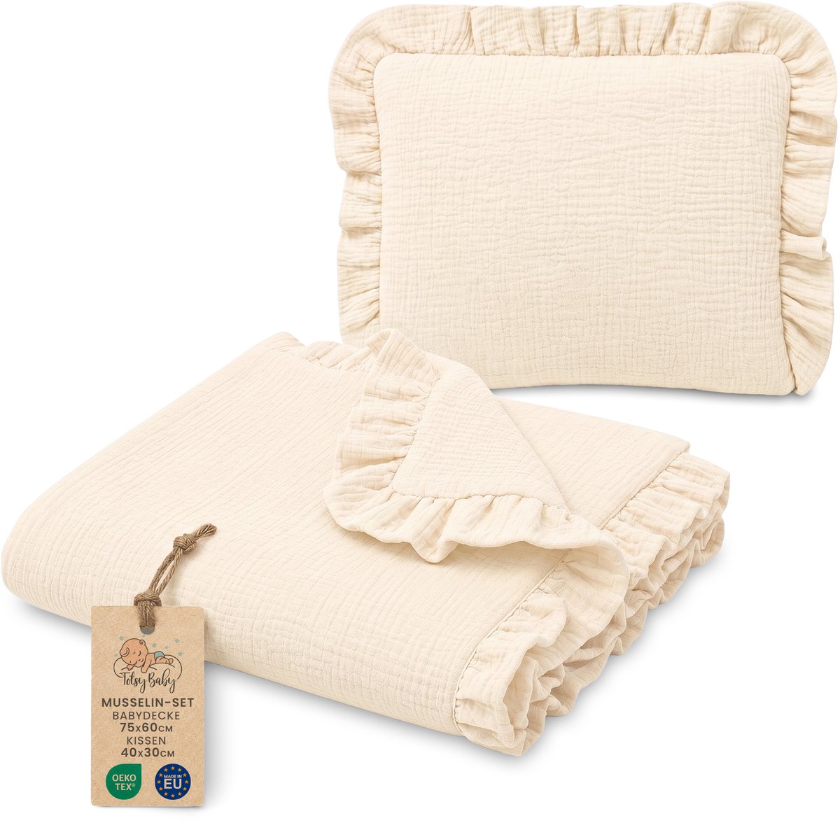 Katoenen Babydeken Set Set: Babydeken 75x60 cm + Kussen 40x30 cm Katoen Muslin voor Kinderwagen Wieg Ledikant Ademend met Ruches Lichtgewicht Zomerdeken Pasgeboren Lichtbeige
