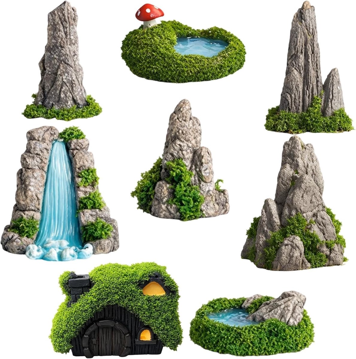Omgoods - Set van 8 Miniatuur Waterval Bergdecoraties voor Tuin en Aquariums