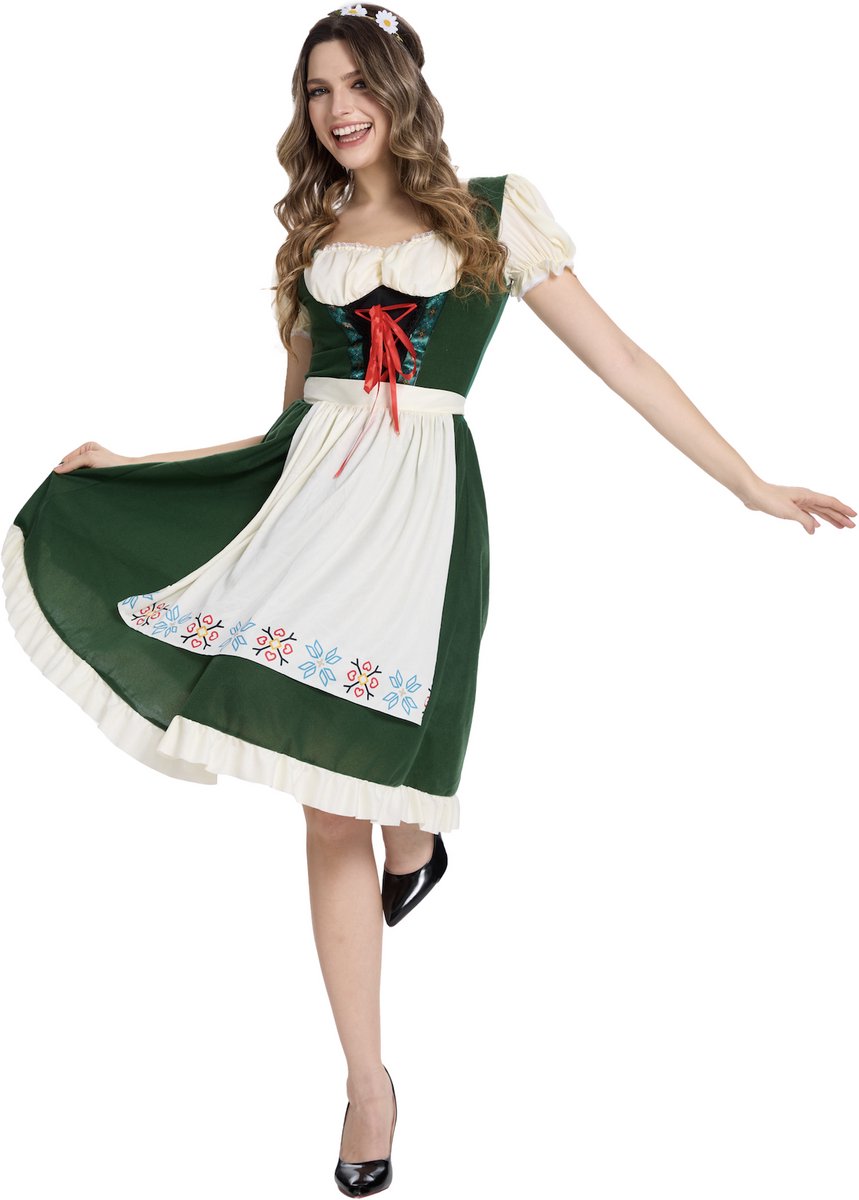 Joya Party® Oktoberfest Jurk Dames Groen | Dirndl Jurk Vrouwen | Duitse Bierfeest Verkleedkleding Vrouw | 3-Delige Set met Schort & Bloemen Haarband | Carnaval | Oktoberfest | Maat S/M