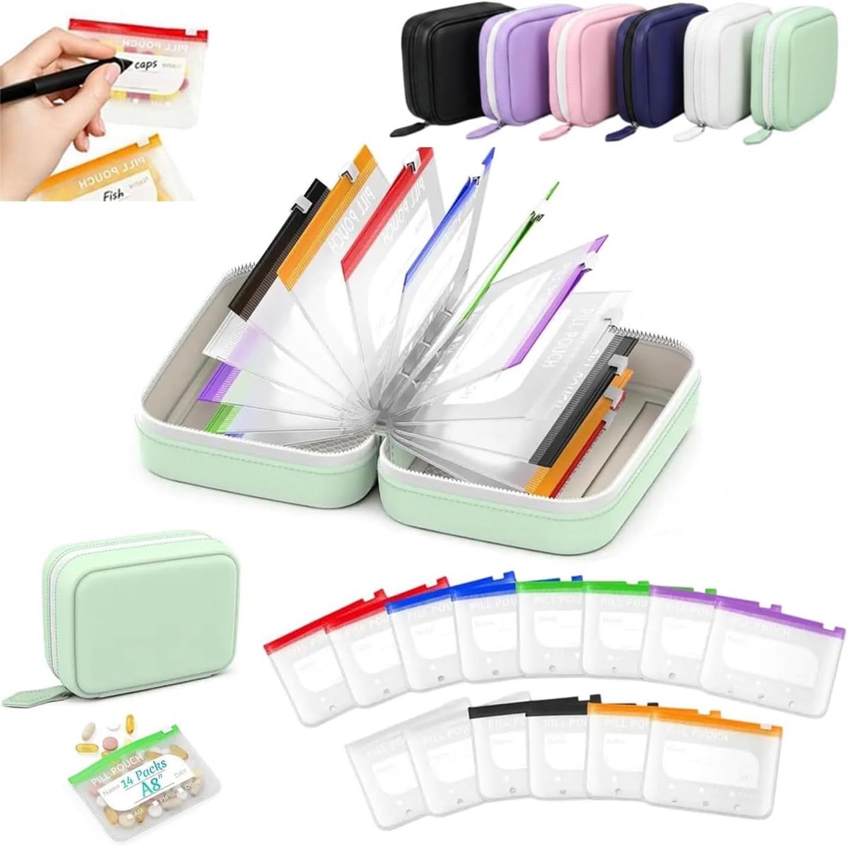 Pillendoos - Pillendoosje - met 14 gekleurde pillenzakjes - Medicijn Organizer - Pillendoos Etui - met Kleurcode & Etiket voor 14 dagen - Thuis & Onderweg - Draagbare Pillendoos Met Ritssluiting - Herbruikbaar - Medicijndoos - Pillenetui - Groen
