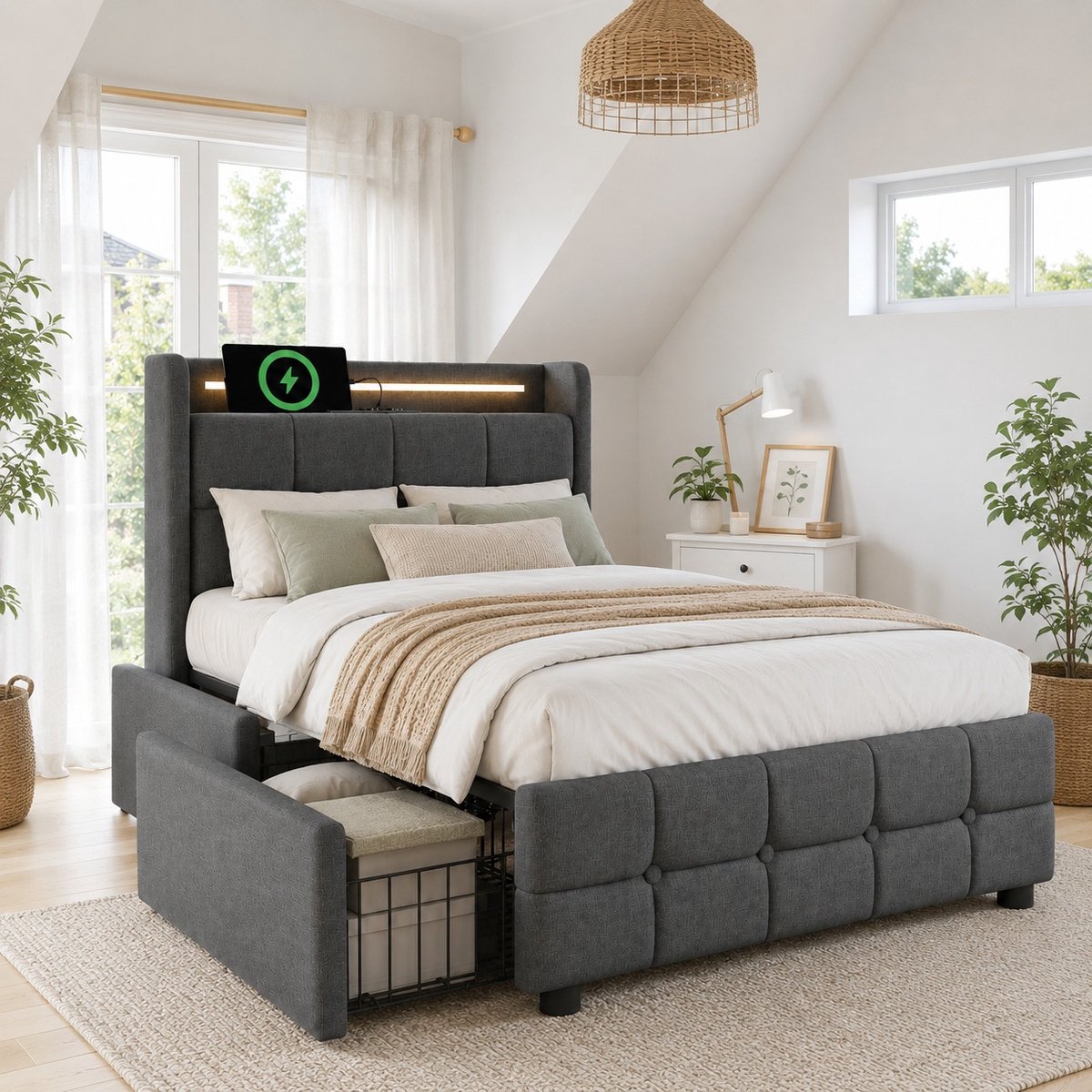 Bedframe - 90x200 Cm - Bed - Met Opbergruimte - LED - USB C - Grijs - Zonder Matras
