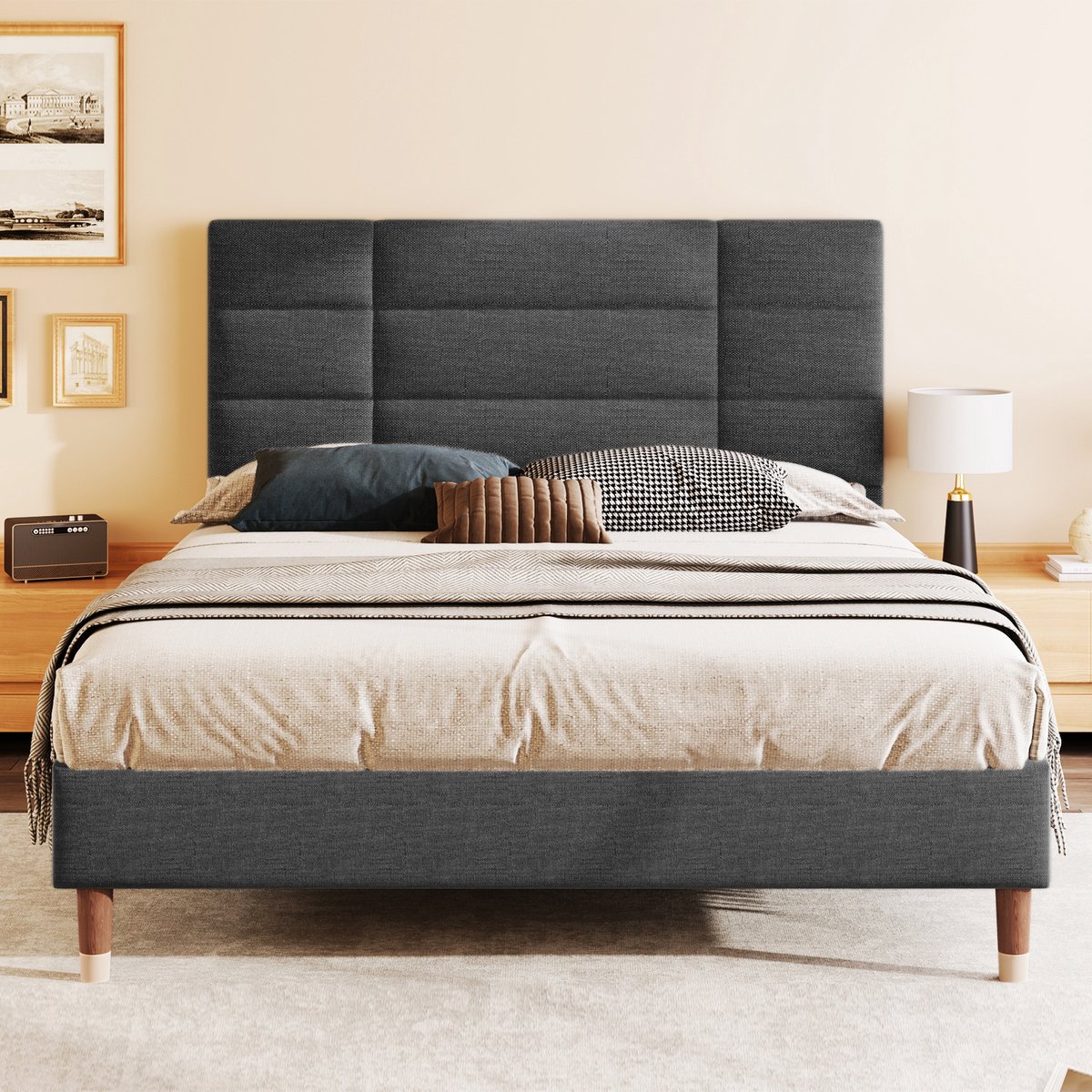 Bedframe - 140x200 Cm - Bed - Met Lattenbodem - Met Opbergruimte - Grijs - Zonder Matras