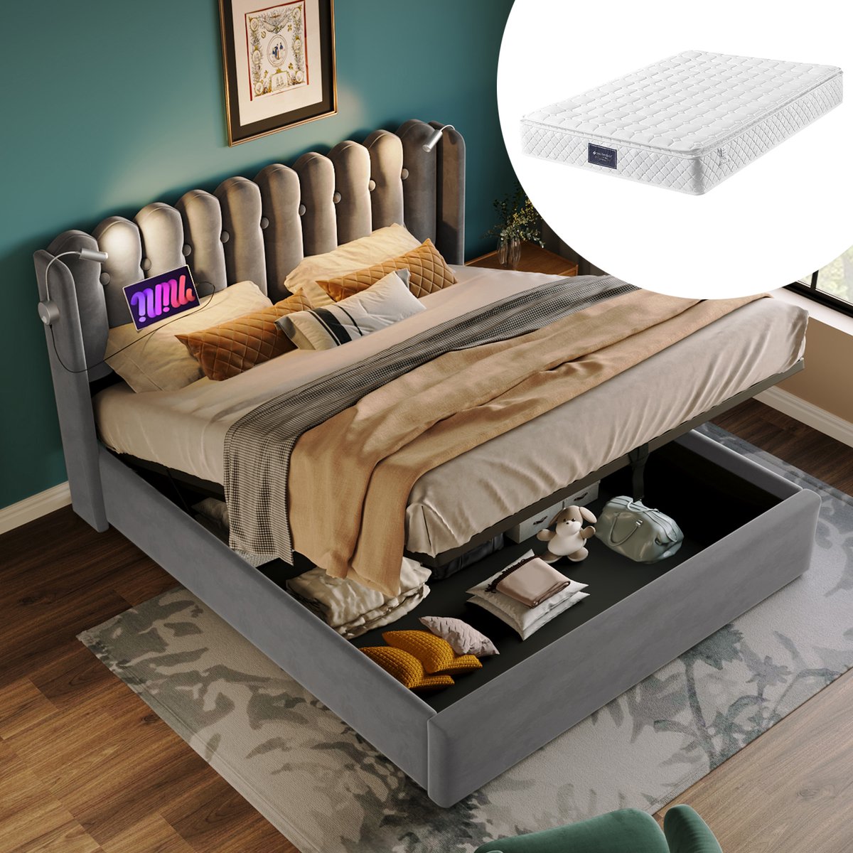 Bedframe - 140x200 Cm - Bed - Met Lattenbodem - Met Opbergruimte - USB C - Grijs - Met Matras
