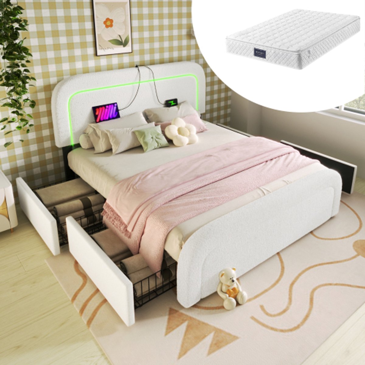 Bedframe - 160x200 Cm - Bed - Met Lattenbodem - Met Opbergruimte - LED - USB C - Wit - Met Matras