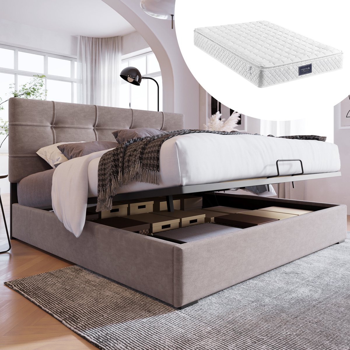 Bedframe - 140x200 Cm - Bed - Met Lattenbodem - Met Opbergruimte - Grijs - Met Matras
