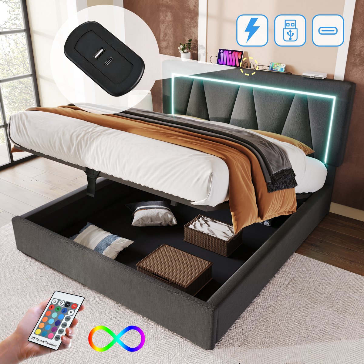 Bedframe - 140x200 Cm - Bed - Met Lattenbodem - Met Opbergruimte - LED - USB C - Grijs - Met Matras