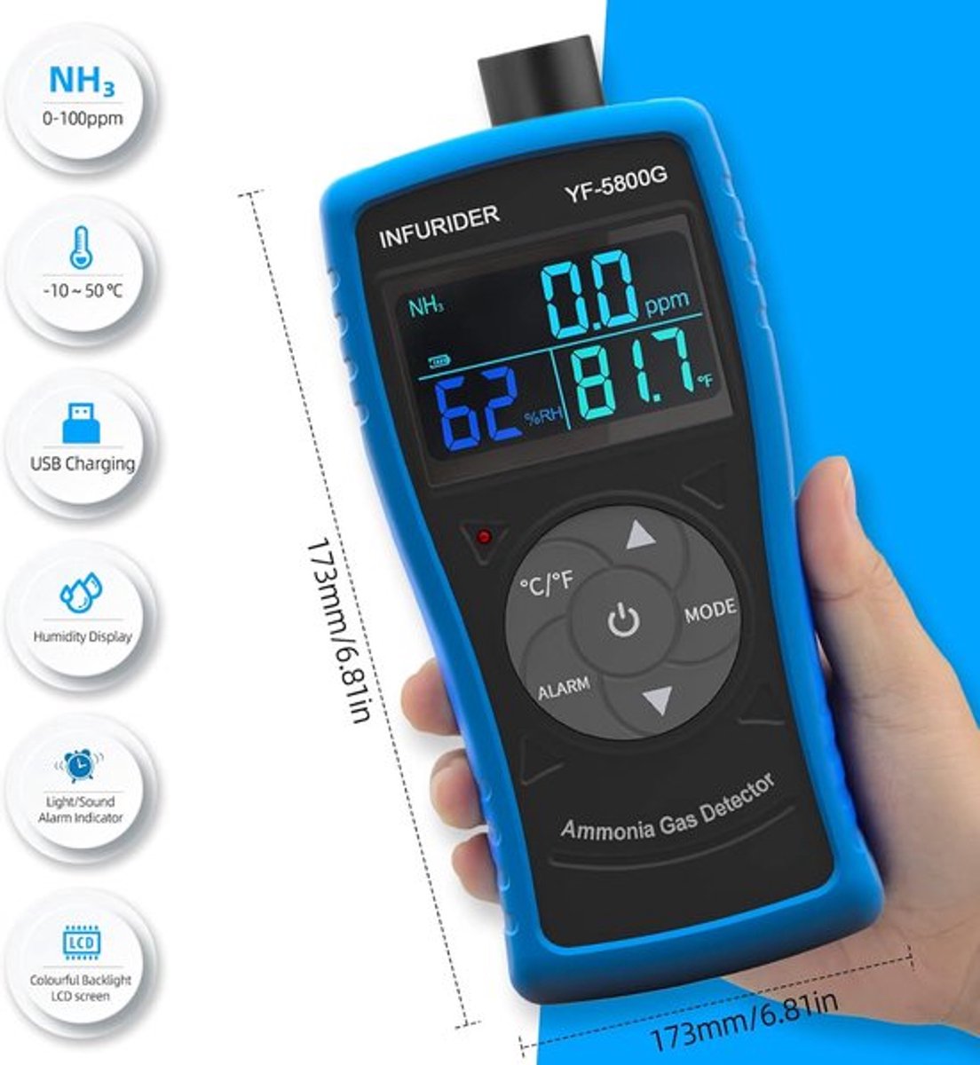 Ammoniakgasdetector – NH3 Meter – Gasdetector – Ammoniakmelder – Gasmonitor – USB-oplaadbaar – Visueel en hoorbaar alarm