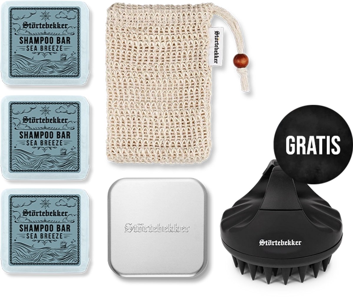 Störtebekker® Premium Douche Set Hair Sea Breeze - Shower Set Heren met frisse zeebriesgeur - 3x Vaste Shampoo (100g), Sisal Washandje, Zeepdoos & GRATIS Siliconen Hoofdhuidborstel - Vegan - Handgemaakt in Nederland