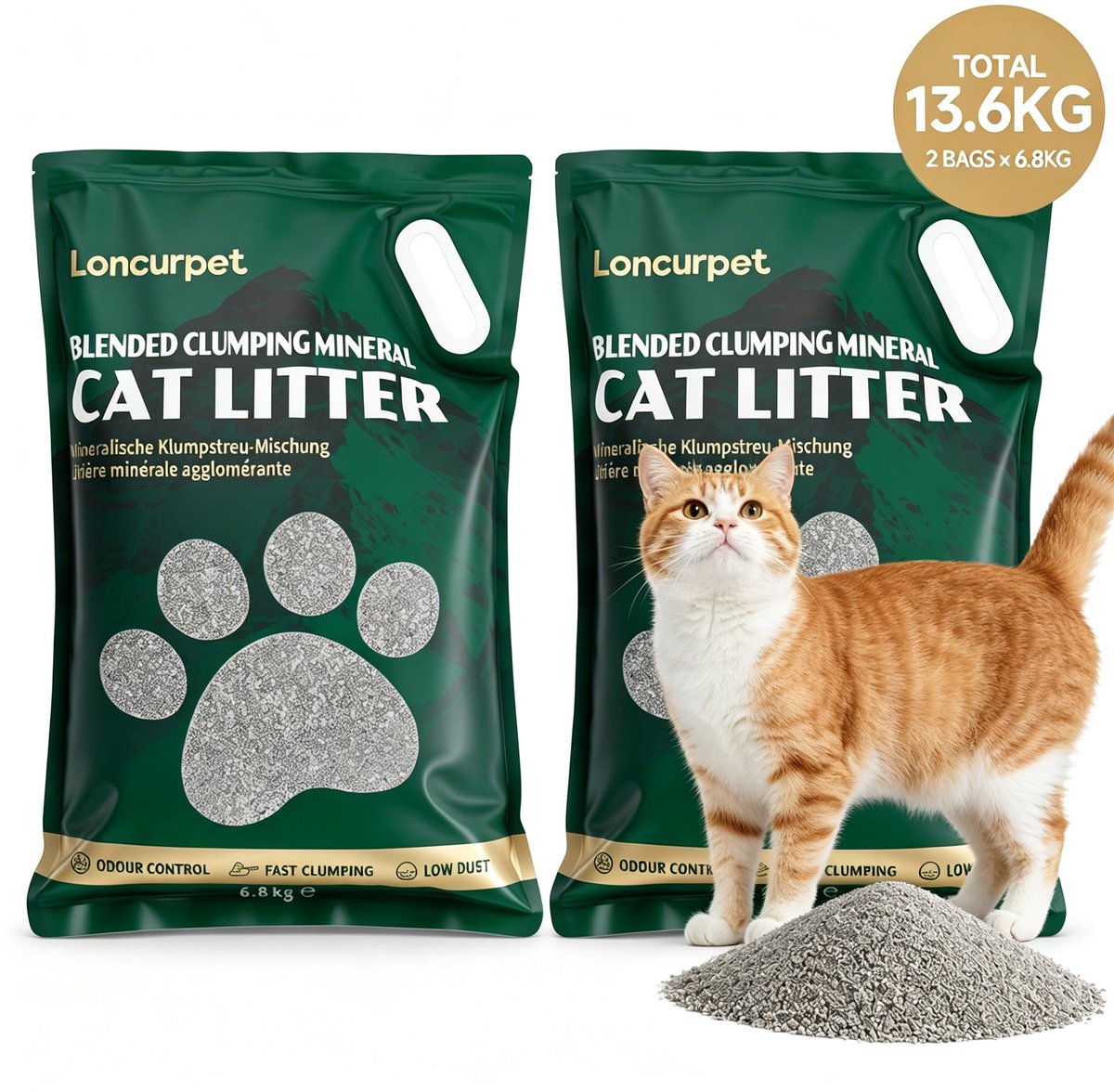 Loncurpet - Kattenbakvulling - Natuurlijk Ruw Erts Gemengd Kattenzand - 2 x 6,8kg - Hoge Absorptie - Stevige Klontvorming - 100% Stofvrij - Natuurlijke Geurneutralisatie