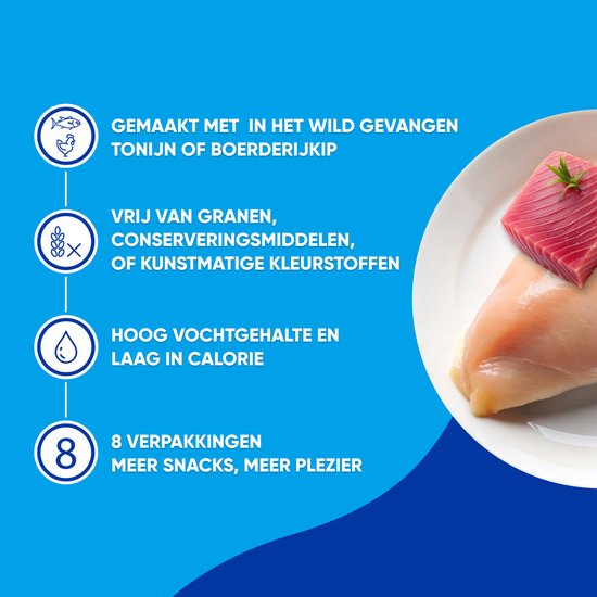 Kip en tonijn, vrij van granen, conserveringsmiddelen en kunstmatige kleurstoffen. Hoog vochtgehalte, laag in calorieën.