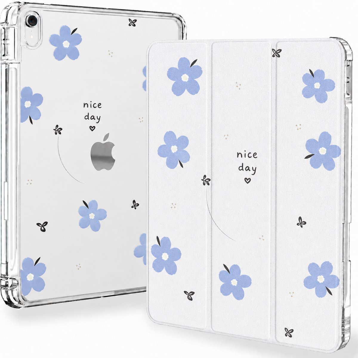 Sounix Tablet hoes geschikt voor Apple iPad 11 (2025) A16 / Apple iPad 10.9 (2022) - Hoesje met Pencil Houder Uitsparing - Witte en blauwe bloemen