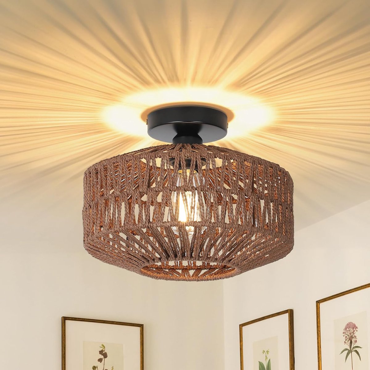 Donkerbruine rotan Plafondlamp, Boho-stijl met lampenkap, Vintage Bambollamp, Rustieke Lamp voor Woonkamer, Mandlamp voor Slaapkamer, Keuken, Hal