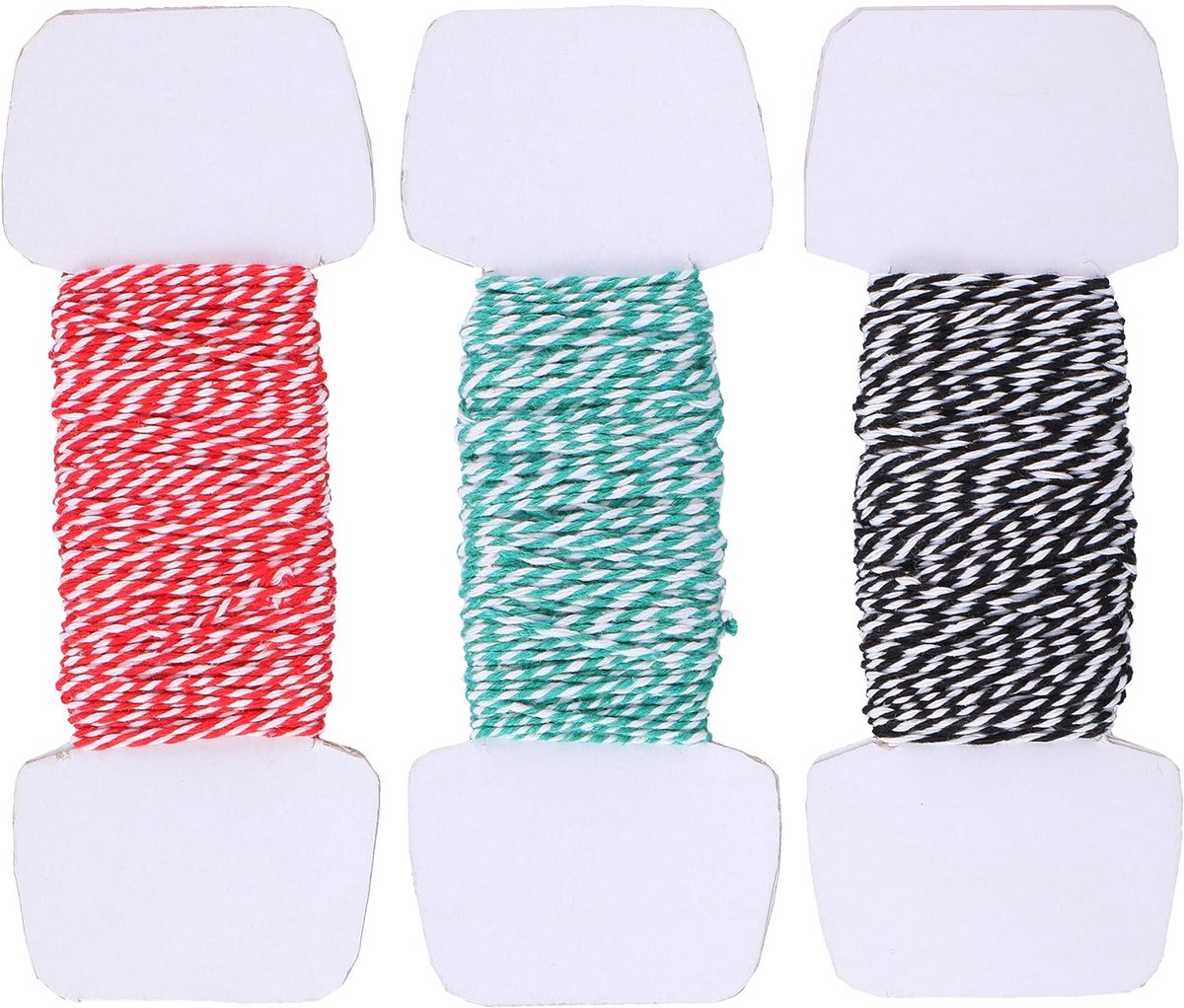 60 meter knutselsnoer knutselband decoratief koord van katoen 2 mm dikte elk 20 m in rood-wit, groen-wit en zwart-wit