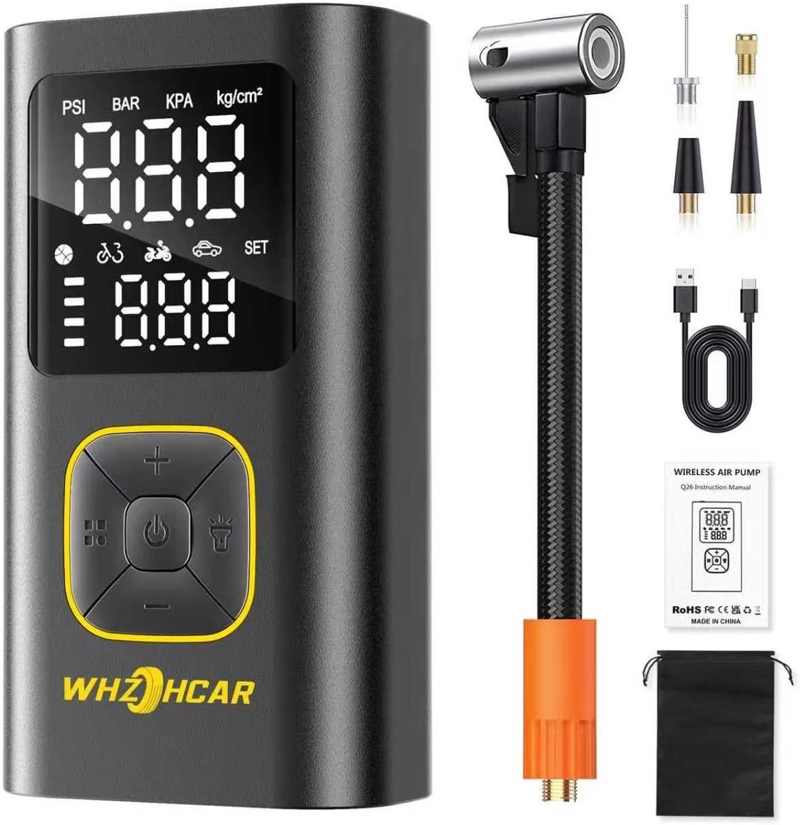 Bandenpomp - Zwart - Compacte Mini-Compressor met 6000mAh Accu - Voor Auto, Fiets en Motorfiets