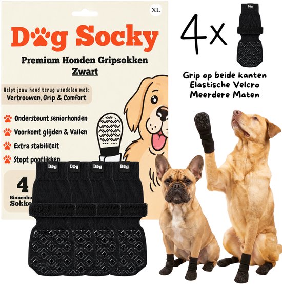 Verpakking van 4 zwarte antislip hondensokken maat XL, met Franse buldog en labrador.