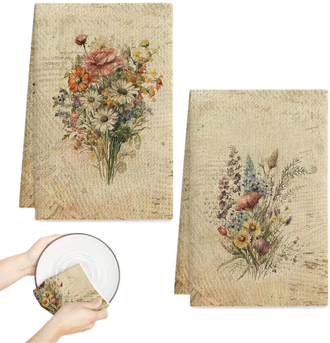SolidKeus - Set van 2 Vintage Handdoeken met Bloemenprint