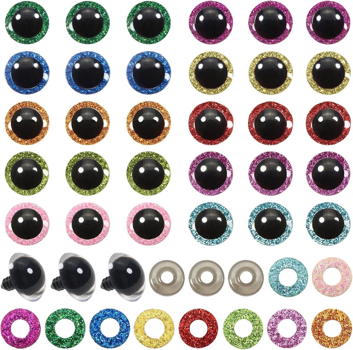 60 Sets Glitter Veiligheidsogen met Wasjes 20mm voor Amigurumi en Pluche Dieren | Ideaal voor DIY Knutselen en Poppenmaken in 10 Kleuren