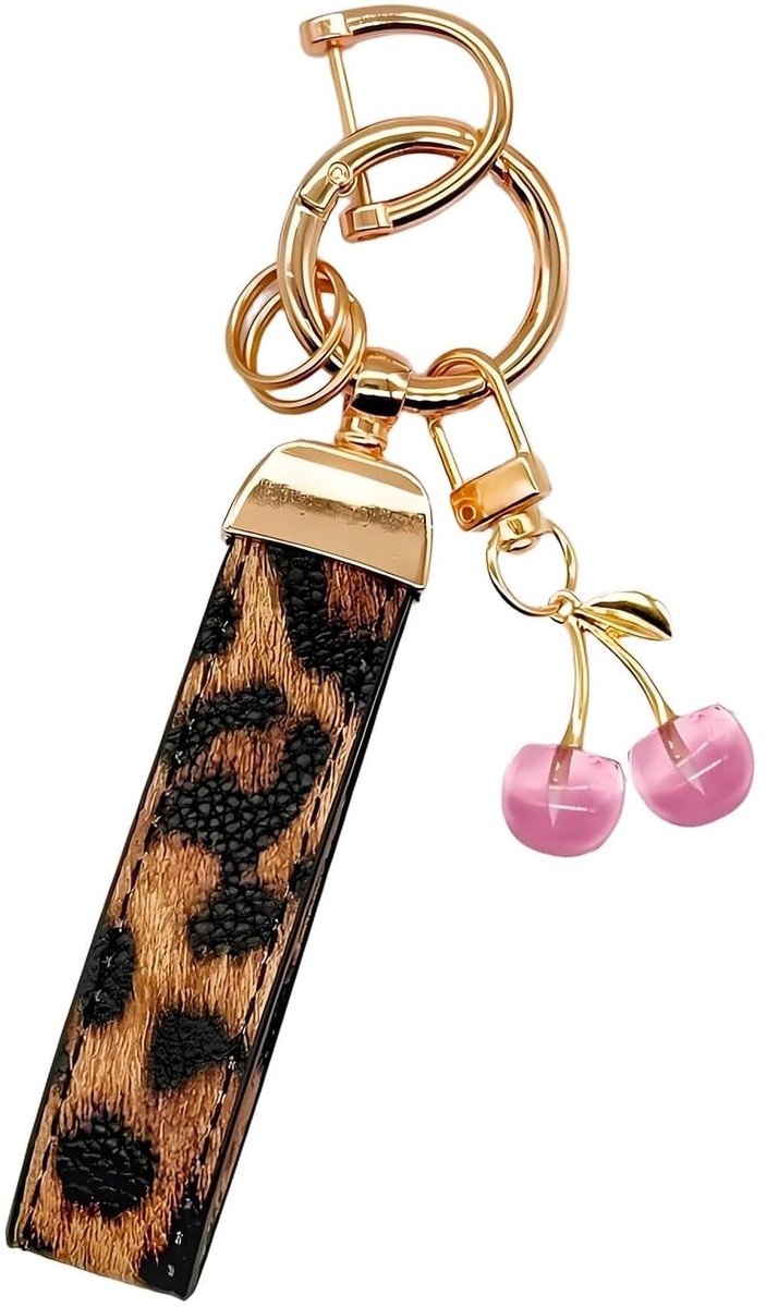 SolidKeus - Leren Sleutelhanger met Leopardenprint en Roze Kers