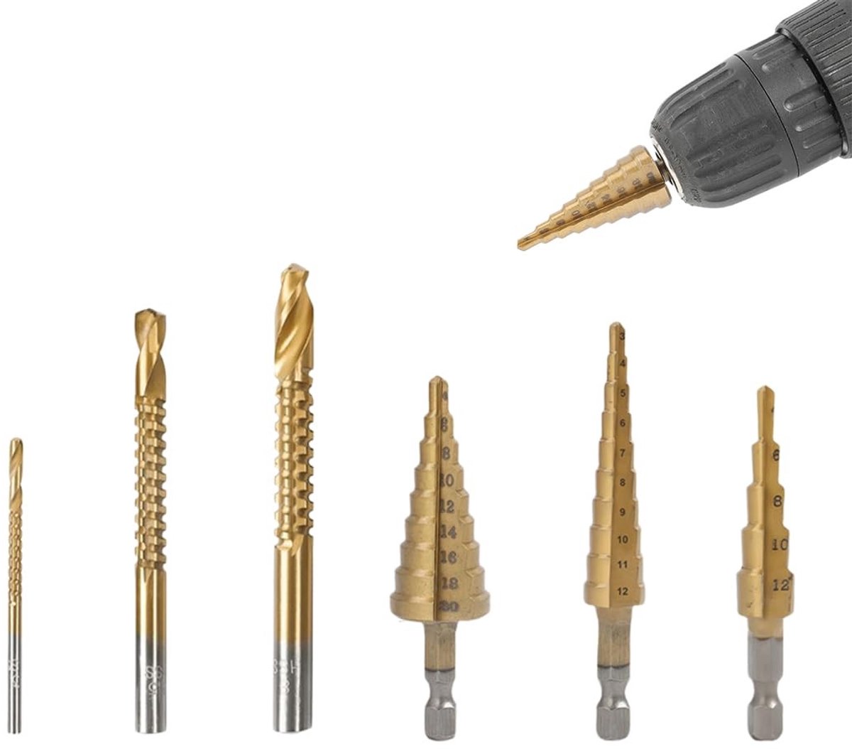 SolidKeus - Set van 6 Titanium Kegelboren met Zeskantige Schacht