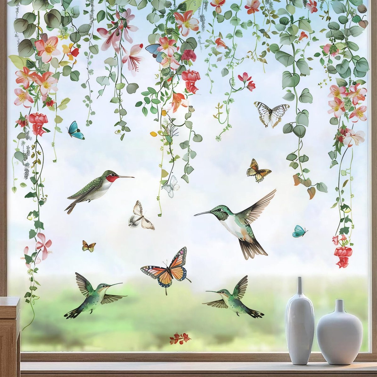 SolidKeus - Dubbelzijdige Raamstickers met Vogels en Bladeren