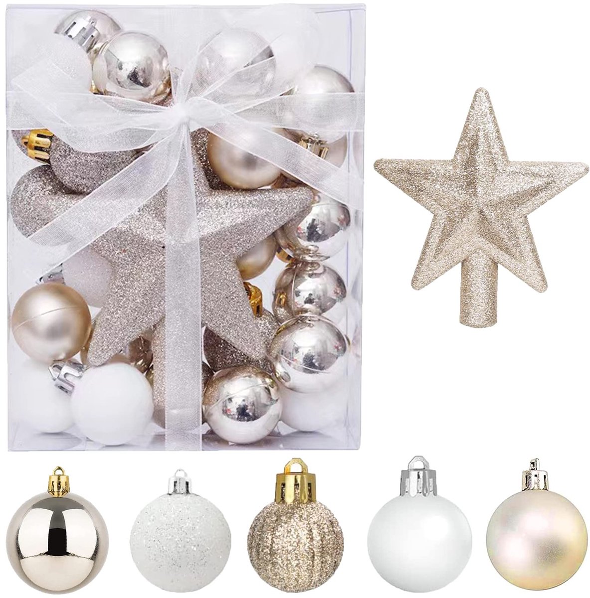 SolidKeus - Set van 30 Mini Kerstballen met Ster Topper