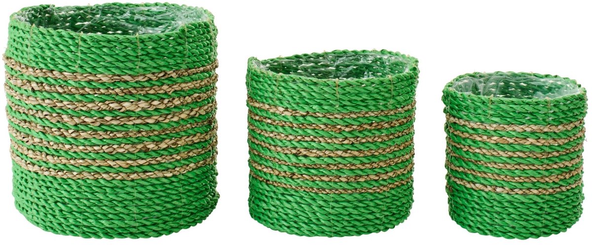 J-Line bloempot Gestreept - zeegras - naturel/groen - set van 3