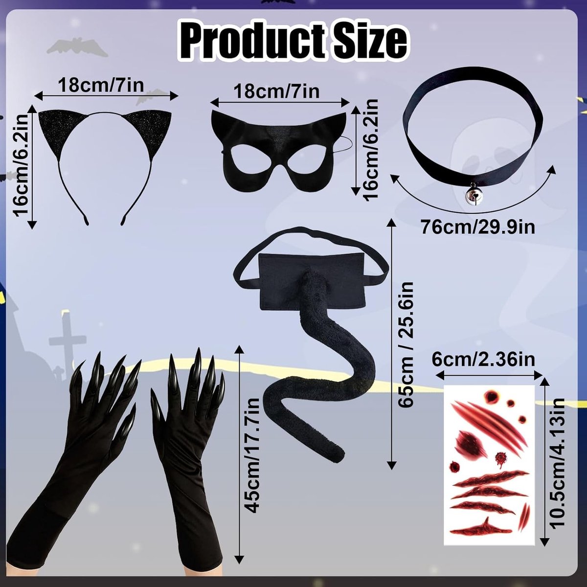 6-delige kattenkostuum voor vrouwen, zwart kattenkostuum voor volwassenen, Catwoman accessoires voor Halloween, carnaval, cosplay en feestjes