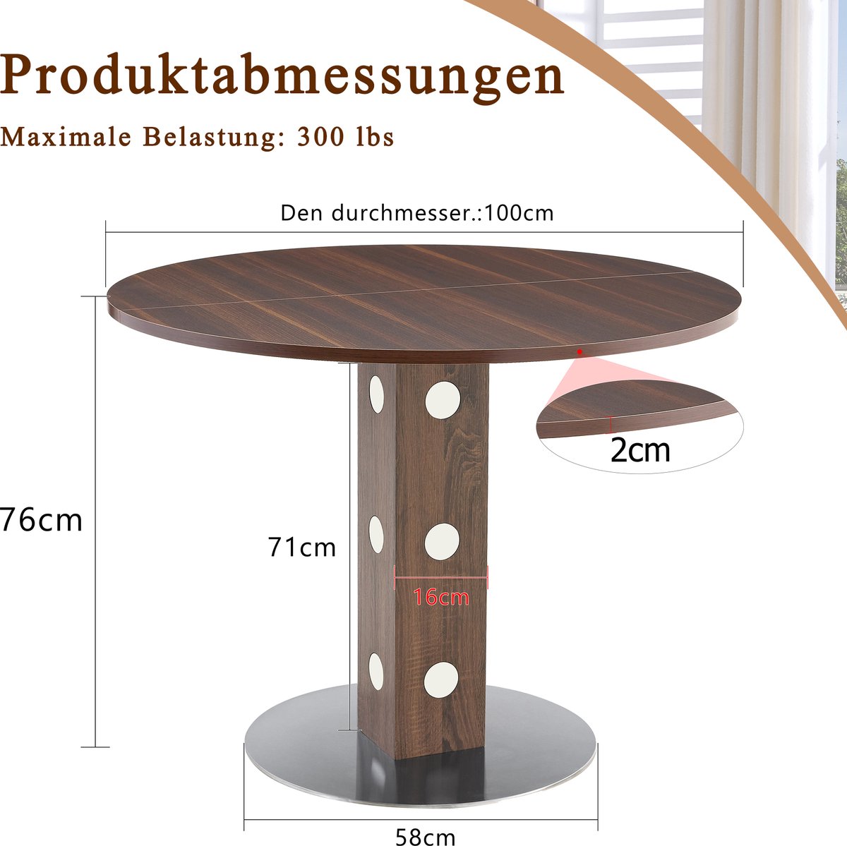 FloraGrace Eettafel Ronde Tafel Met Walnoot Houtnerf En Metalen Voet Modern Voor Keuken En Eetkamer MDF 100 Cm 76 Cm
