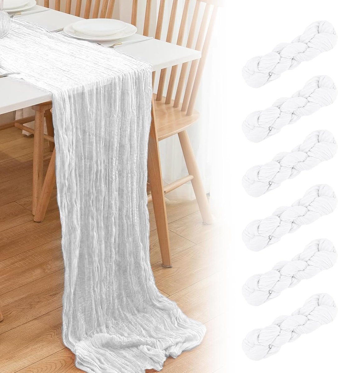 Tafelloper, boho, mousseline, kaasdoek, 90 x 300 cm, voor bruiloft, feest, herbruikbaar, lange tafelafdekking voor baby, bruidsdouche, decoratie, doorschijnend gaas, middenstuk, wit, 6 stuks