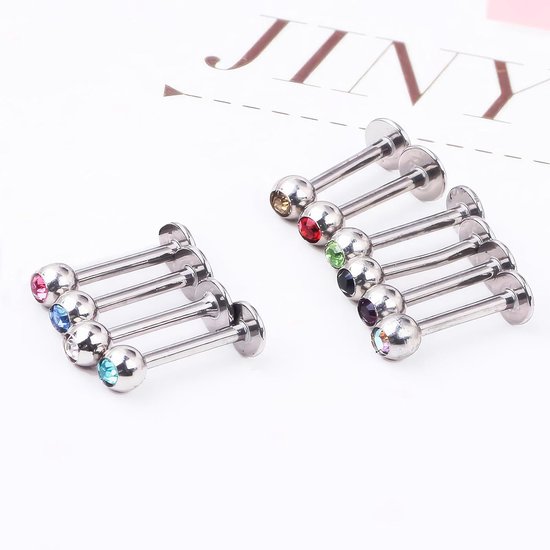 10 stuks lippiercings van roestvrij staal, lippiercings, lichaamsring, kraakbeen, tragus, 16 gauge, 10 kleuren — afbeelding 3