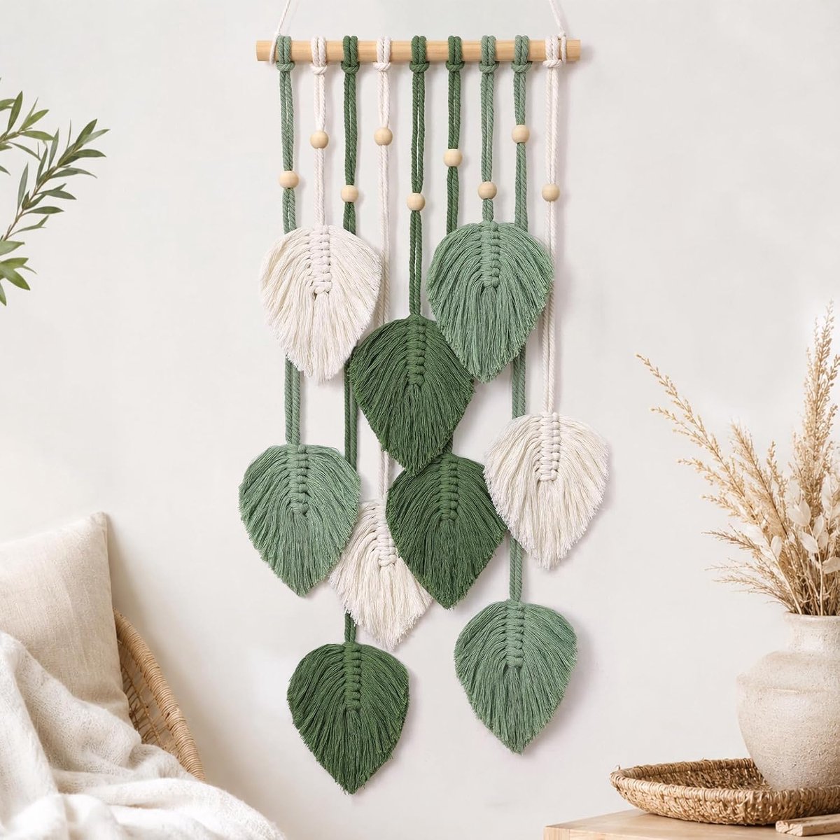 Macramé wandtapijt, bladeren, boho, decoratief tapijt, handgeweven wandtapijt van katoen met houten stokken en houten kralen, boho, wanddecoratie voor slaapkamer, woonkamer, kinderkamer, 25