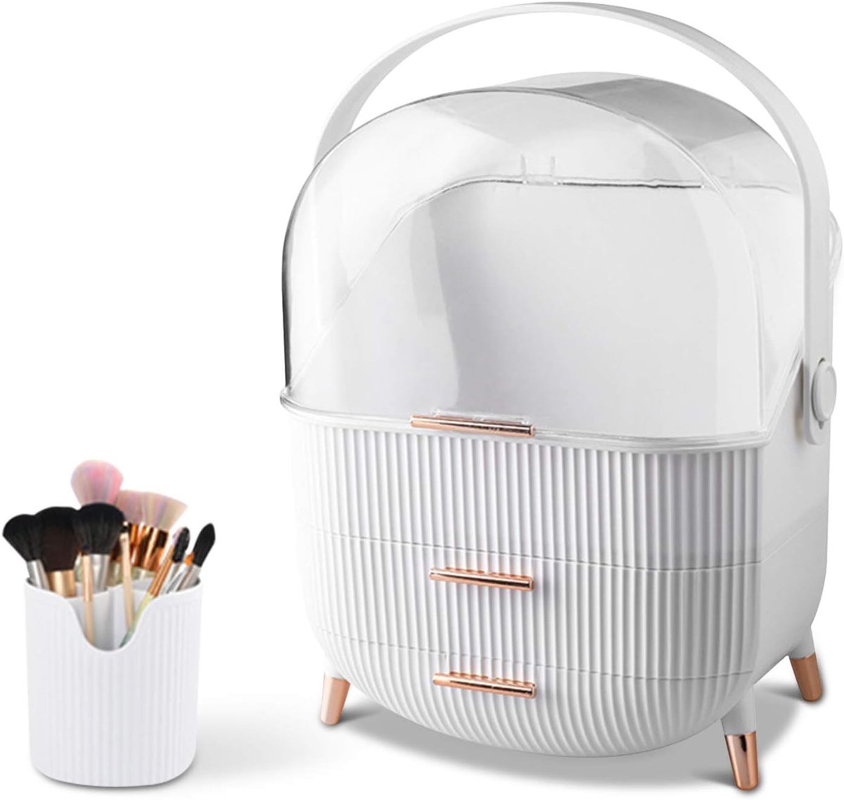 180° draaibare draagbare make-up organizer cosmetische box cosmetische opbergdoos met stofdicht deksel, beauty organizer met 2 laden en draaggreep, lade cosmetica, (wit)