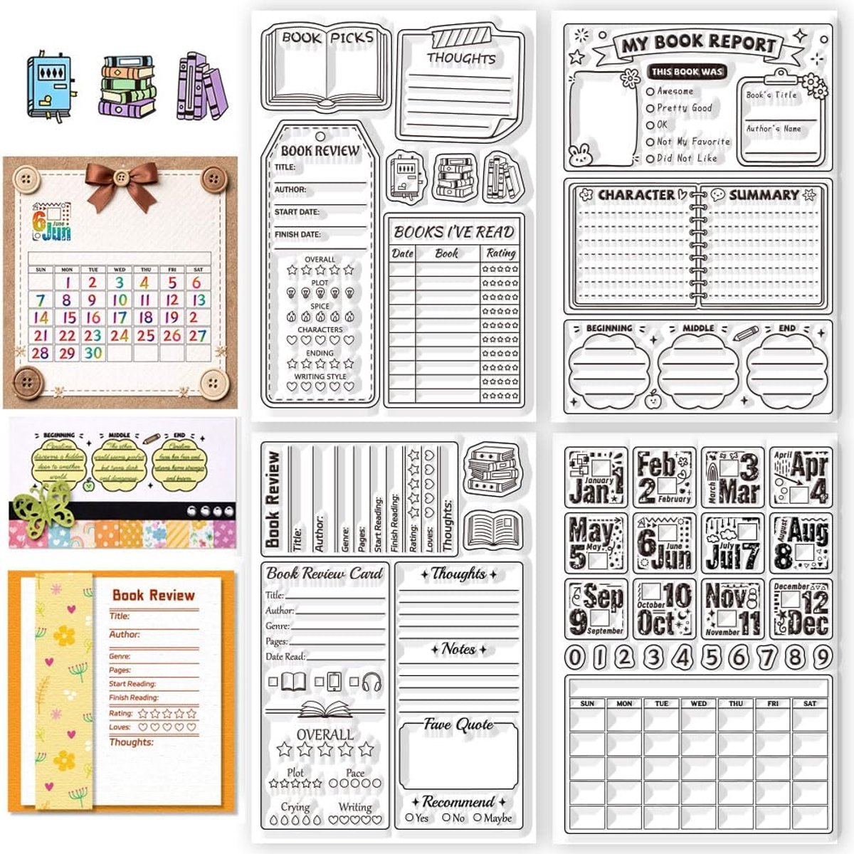 4-delige siliconen stempelset met boekrecensie- en tijdmanagementmotieven, transparant, 11 x 16 cm, voor scrapbooking, kaarten maken en doe-het-zelf knutselprojecten