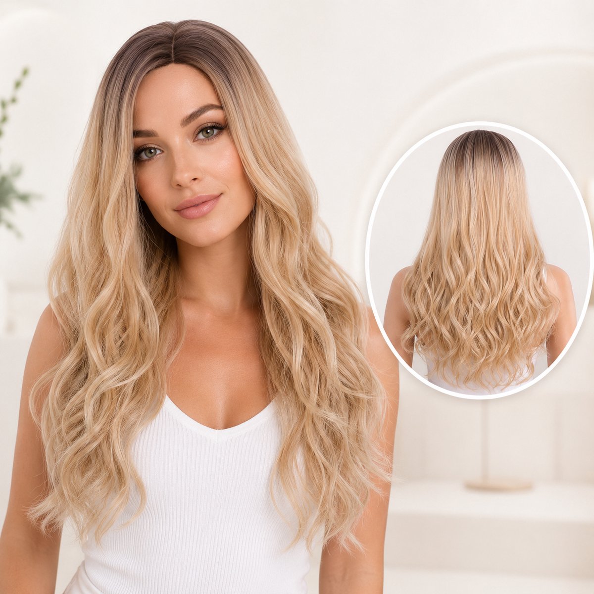Pro Care Excellent Quality® Dames Pruik Lang Golvend – Ombre Blond – Hittebestendig tot 150°C – Wasbaar – Verstelbaar – Zacht & Klitvrij - 63 cm