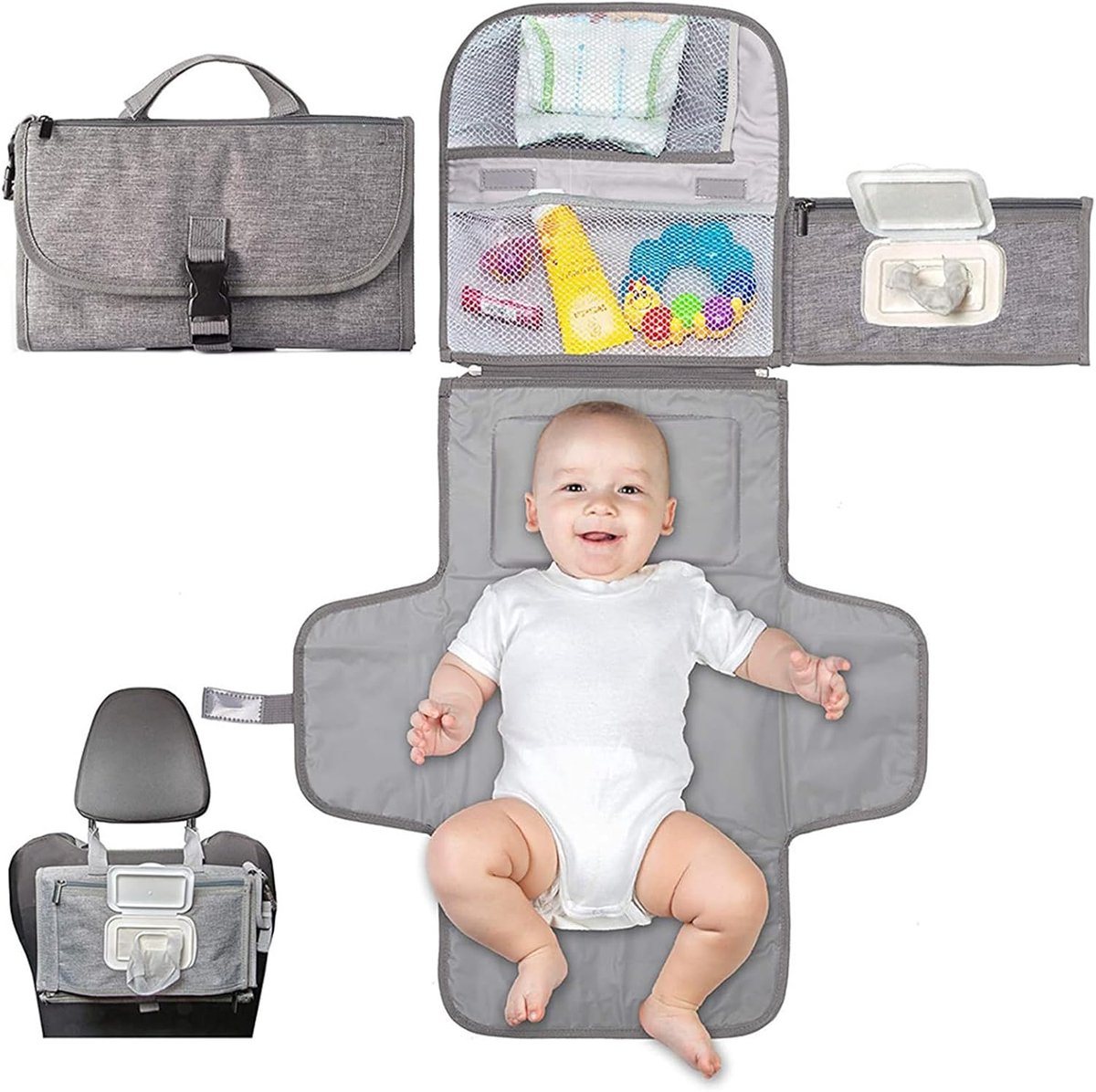 Draagbare aankleedmat, waterdicht, opvouwbaar, babyluiermat, gemakkelijk te reinigen en waterdicht, met dispenser voor doekjes en comfortabel kussen